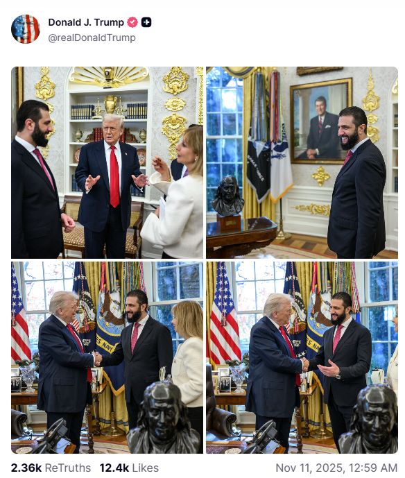 صور نشرها حساب ترامب في تروث سوشال في 11 تشرين الثاني 2025