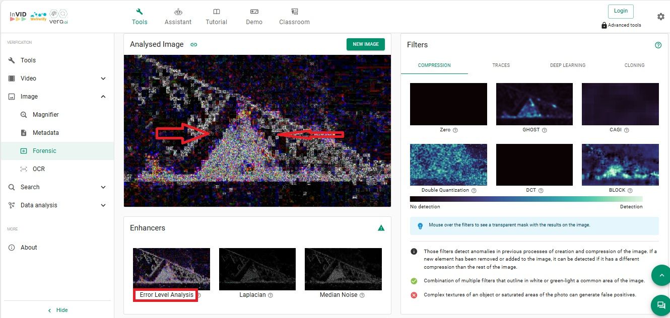 نتيجة فحص الصور في Invid