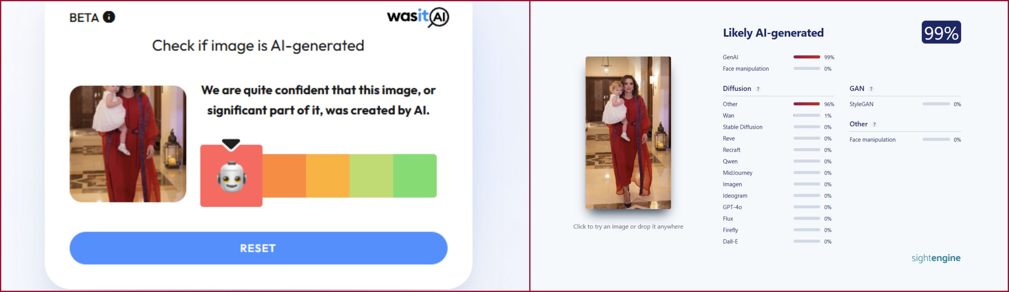 نتيجة فحص الصورة في موقعي Sightengine وWas it AI