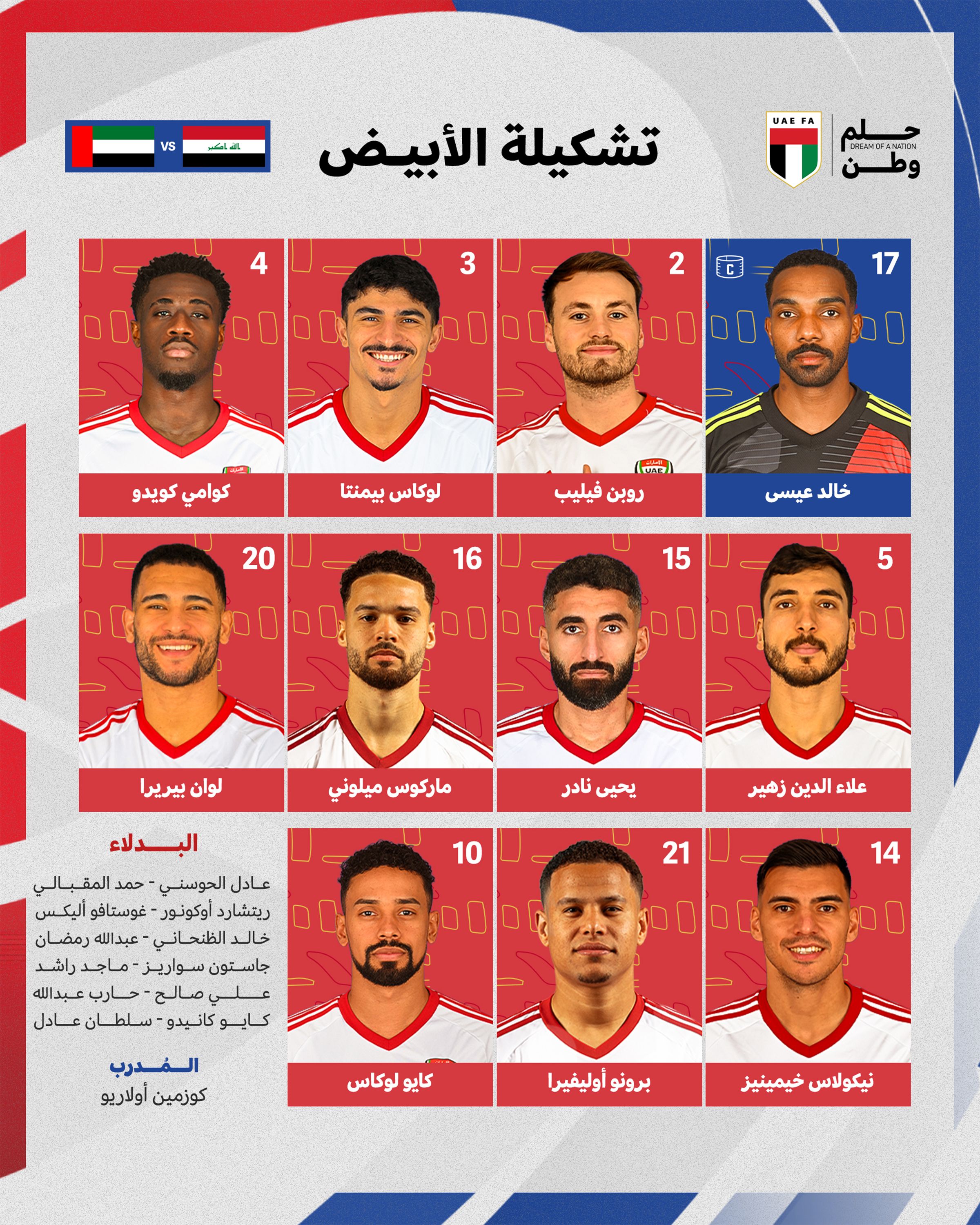 تشكيلة الإمارات أمام العراق. (حساب الإمارات على إكس)