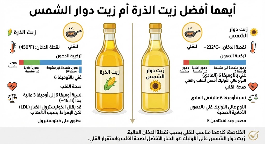 أيهما أفضل زيت الذرة أم زيت دوار الشمس للقلي وصحة القلب؟ مقارنة شاملة تكشف لك الحقيقة الغائبة!