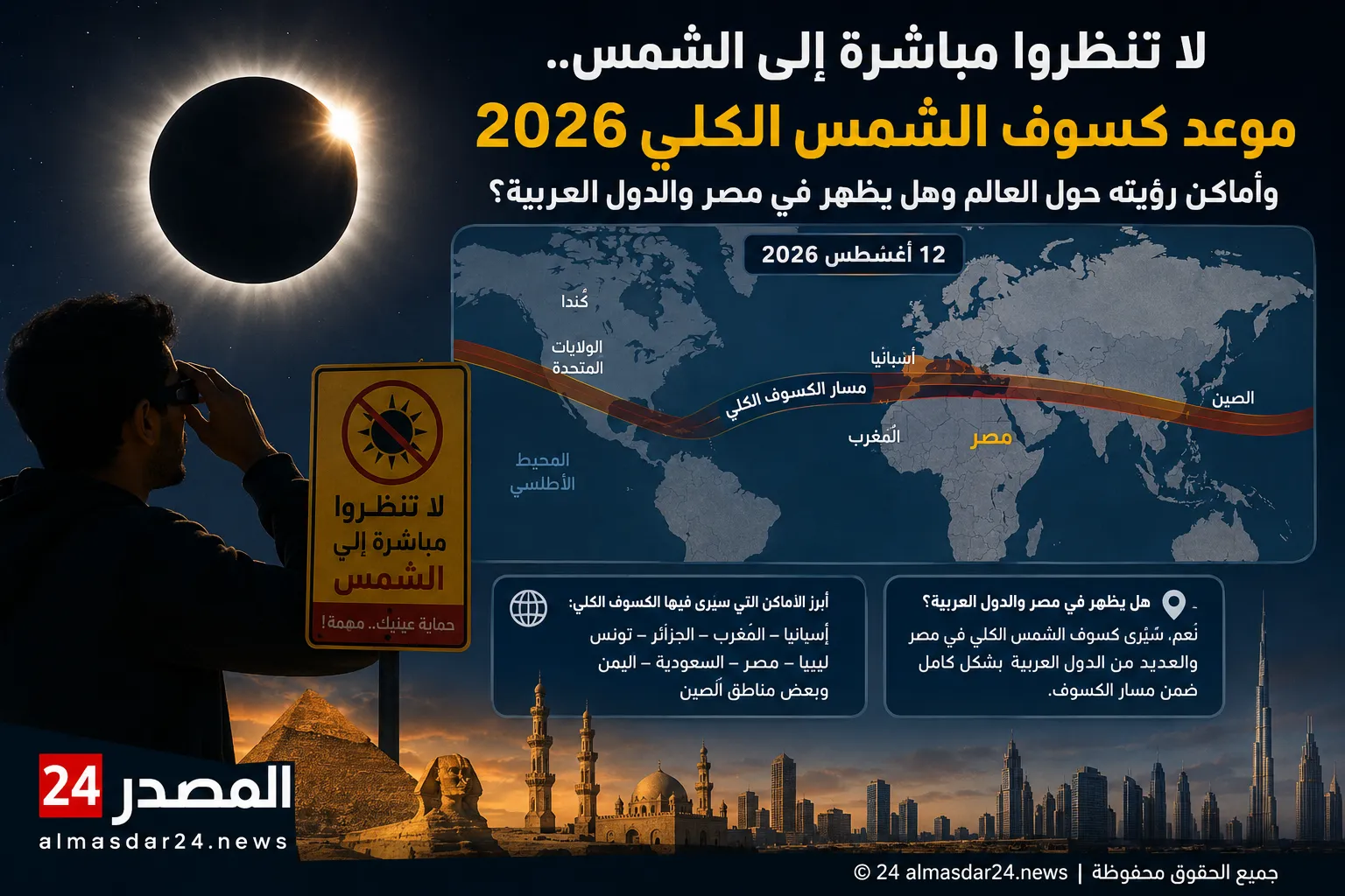 لا تنظروا مباشرة إلى الشمس.. موعد كسوف الشمس الكلي 2026 وأماكن رؤيته حول العالم وهل يظهر في مصر والدول العربية؟