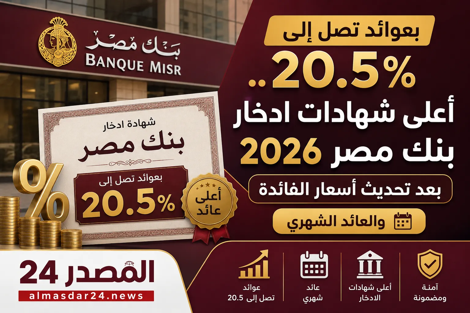بعوائد تصل إلى 20.5%.. أعلى شهادات ادخار بنك مصر 2026 بعد تحديث أسعار الفائدة والعائد الشهري