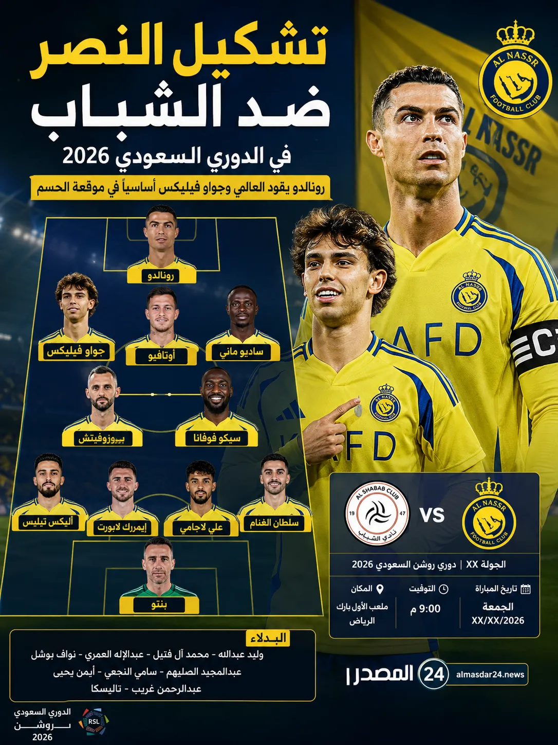 تشكيل النصر ضد الشباب في الدوري السعودي 2026.. رونالدو يقود العالمي وجواو فيليكس أساسيًا في موقعة الحسم