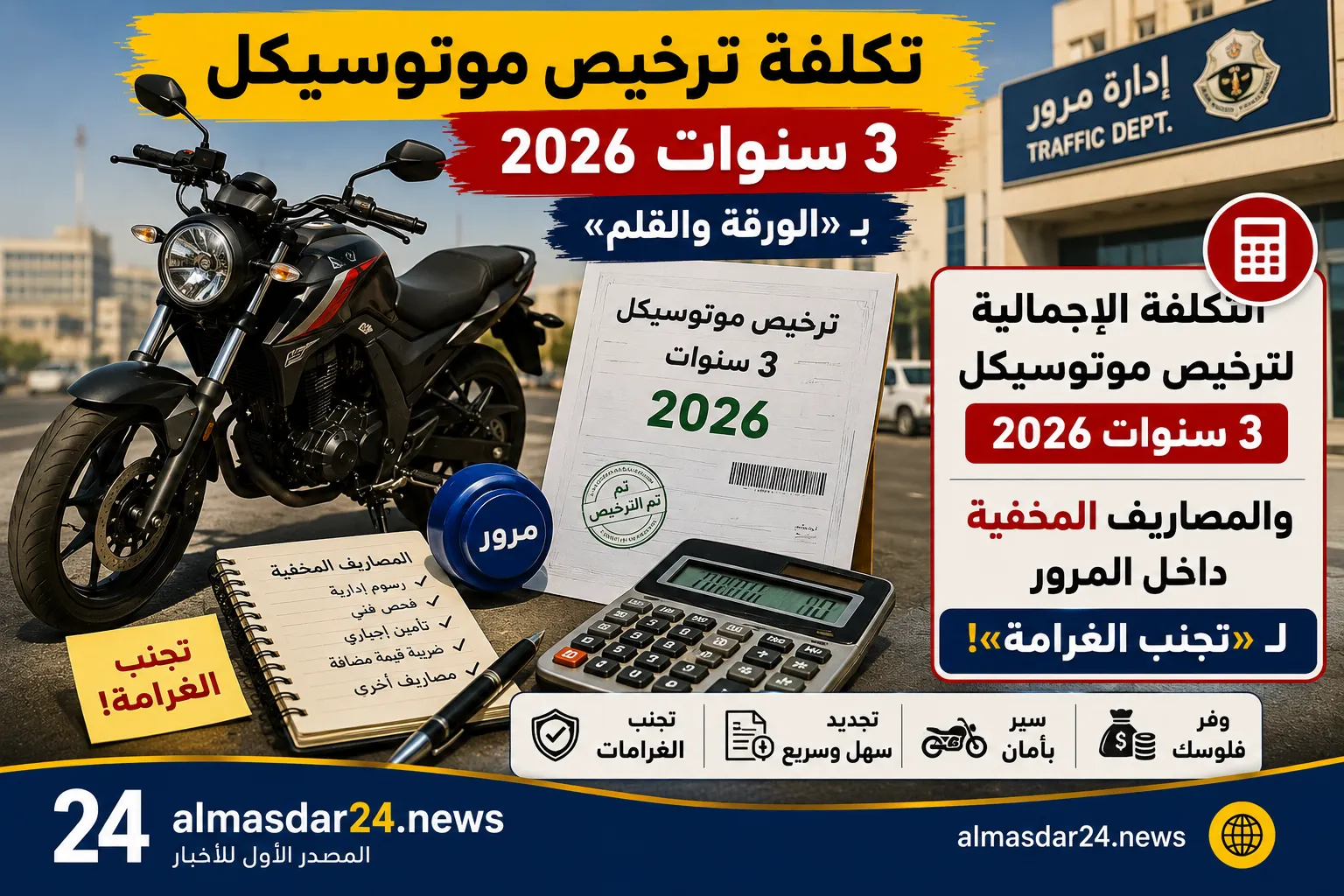 تكلفة ترخيص موتوسيكل 3 سنوات 2026 بـ«الورقة والقلم».. التكلفة الإجمالية لترخيص موتوسيكل 3 سنوات 2026 والمصاريف المخفية داخل المرور لـ«تجنب الغرامة»!