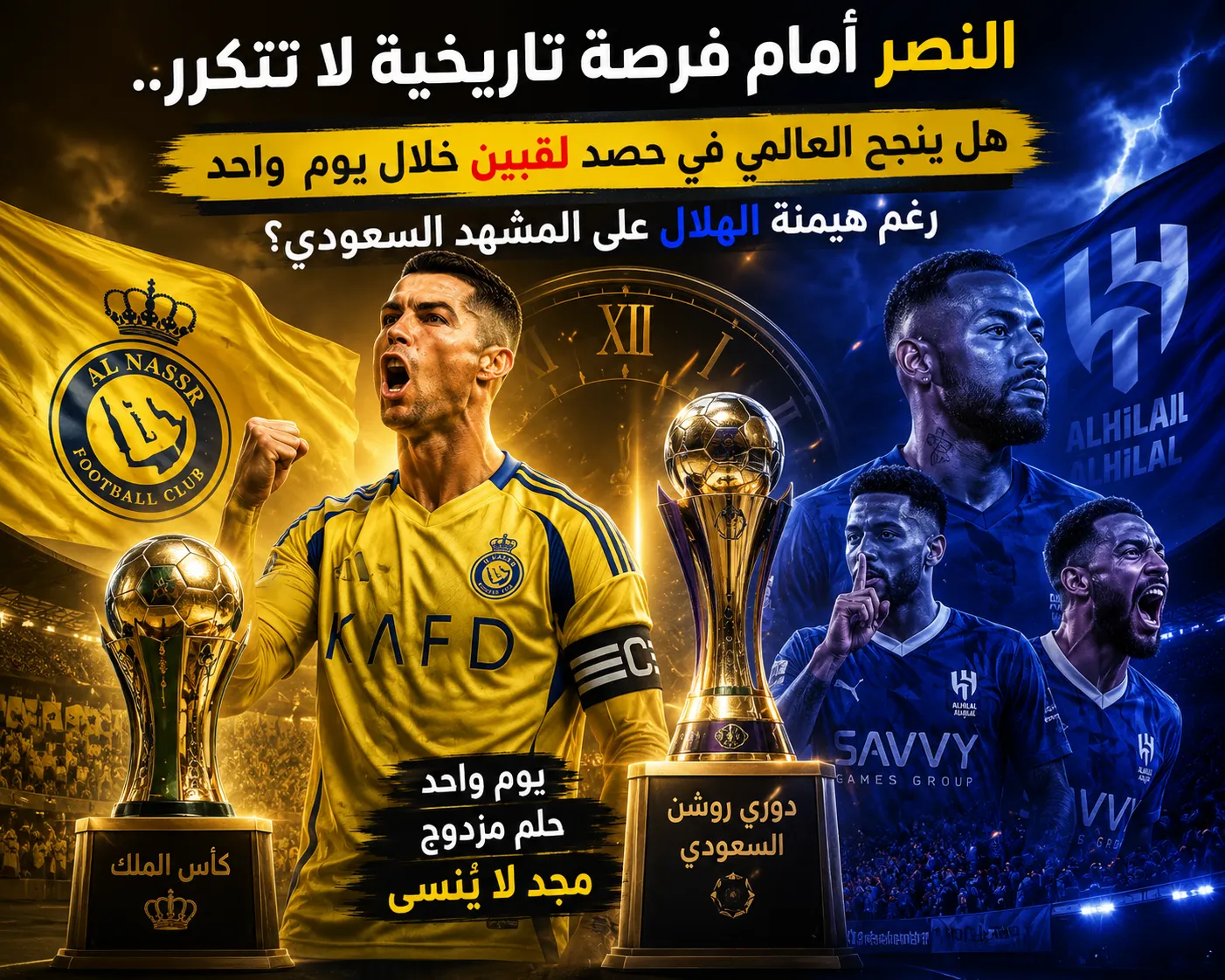 النصر أمام فرصة تاريخية لا تتكرر.. هل ينجح العالمي في حصد لقبين خلال يوم واحد رغم هيمنة الهلال على المشهد السعودي؟