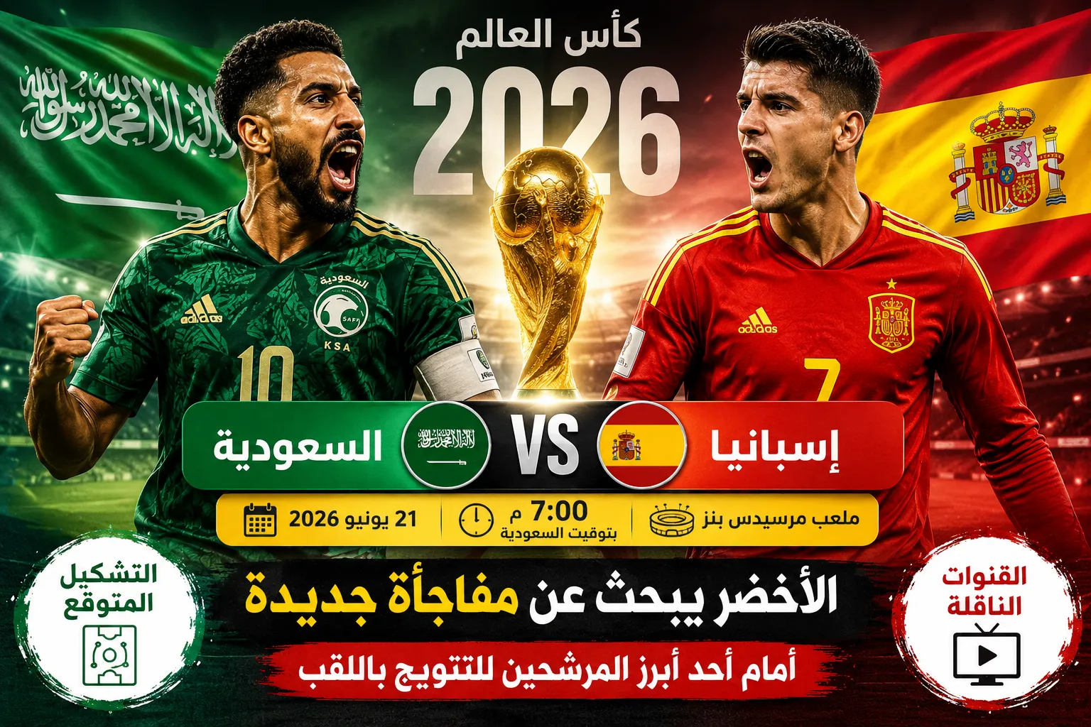 موعد مباراة السعودية وإسبانيا في كأس العالم 2026 والقنوات الناقلة والتشكيل المتوقع.. الأخضر يبحث عن مفاجأة جديدة أمام أحد أبرز المرشحين للتتويج باللقب