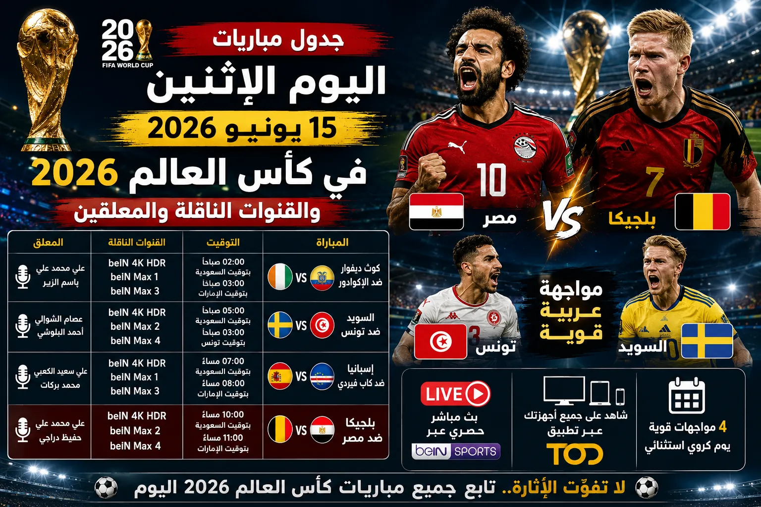 جدول مباريات اليوم الإثنين 15 يونيو 2026 في كأس العالم والقنوات الناقلة والمعلقين.. قمة مصر وبلجيكا ومواجهة عربية قوية بين تونس والسويد