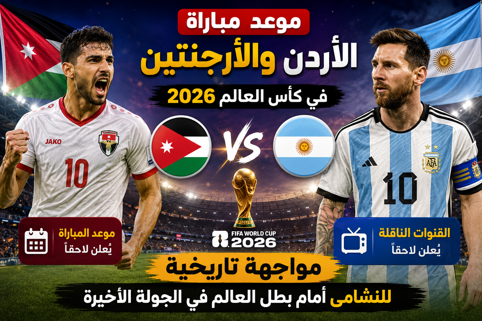 موعد مباراة الأردن والأرجنتين في كأس العالم 2026 والقنوات الناقلة.. مواجهة تاريخية للنشامى أمام بطل العالم في الجولة الأخيرة