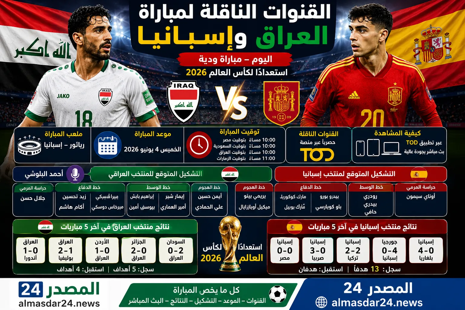 القنوات الناقلة لمباراة العراق وإسبانيا اليوم وموعد اللقاء الودي استعدادًا لكأس العالم 2026.. التشكيل المتوقع وكيفية مشاهدة المباراة بث مباشر