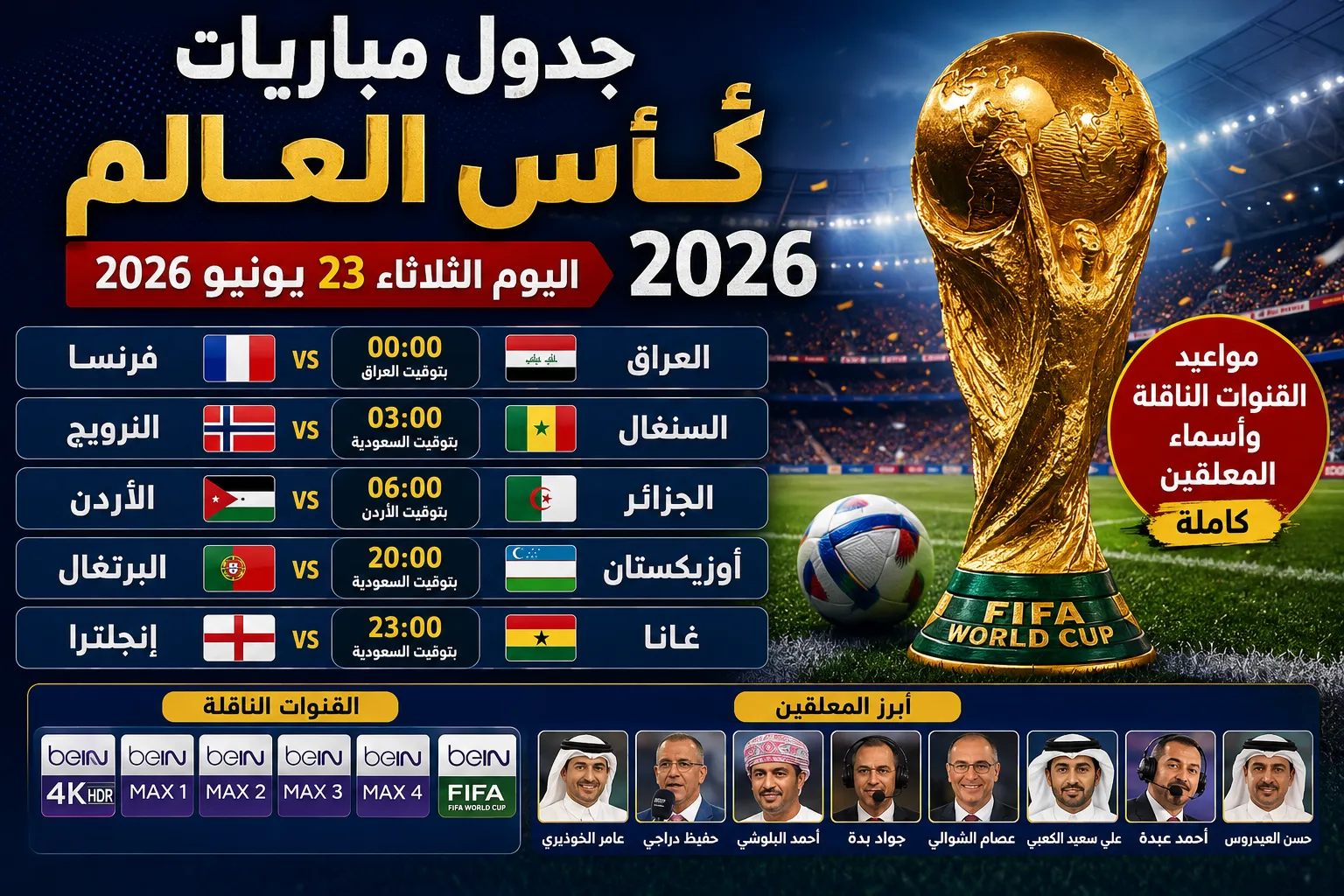 جدول مباريات كأس العالم اليوم الثلاثاء 23 يونيو 2026.. مواعيد مباريات فرنسا والعراق والأردن والجزائر وإنجلترا وغانا والقنوات الناقلة والمعلقون بالكامل