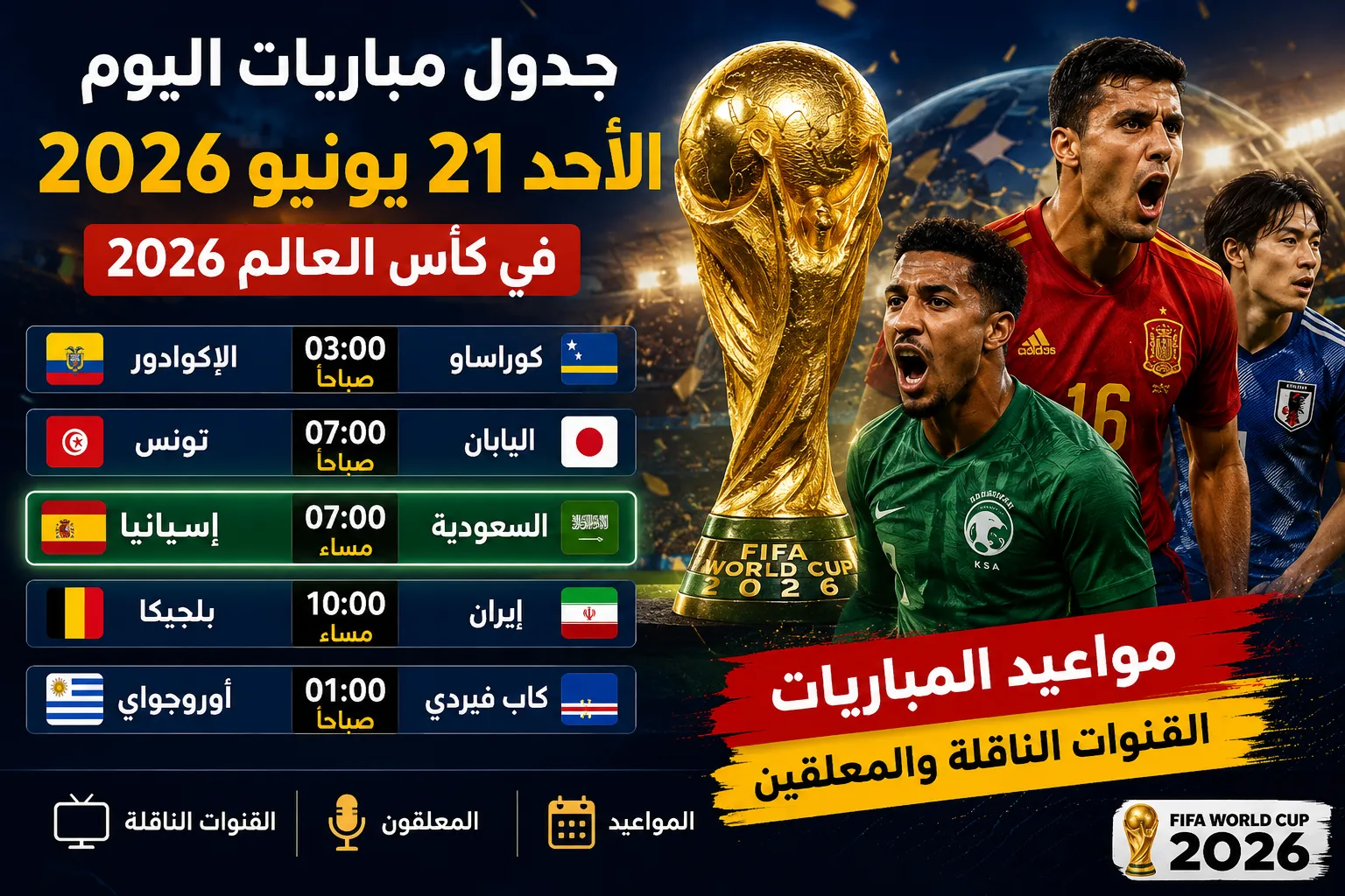جدول مباريات اليوم الأحد 21 يونيو 2026 في كأس العالم 2026.. مواعيد مباريات السعودية وإسبانيا وتونس واليابان والقنوات الناقلة والمعلقين