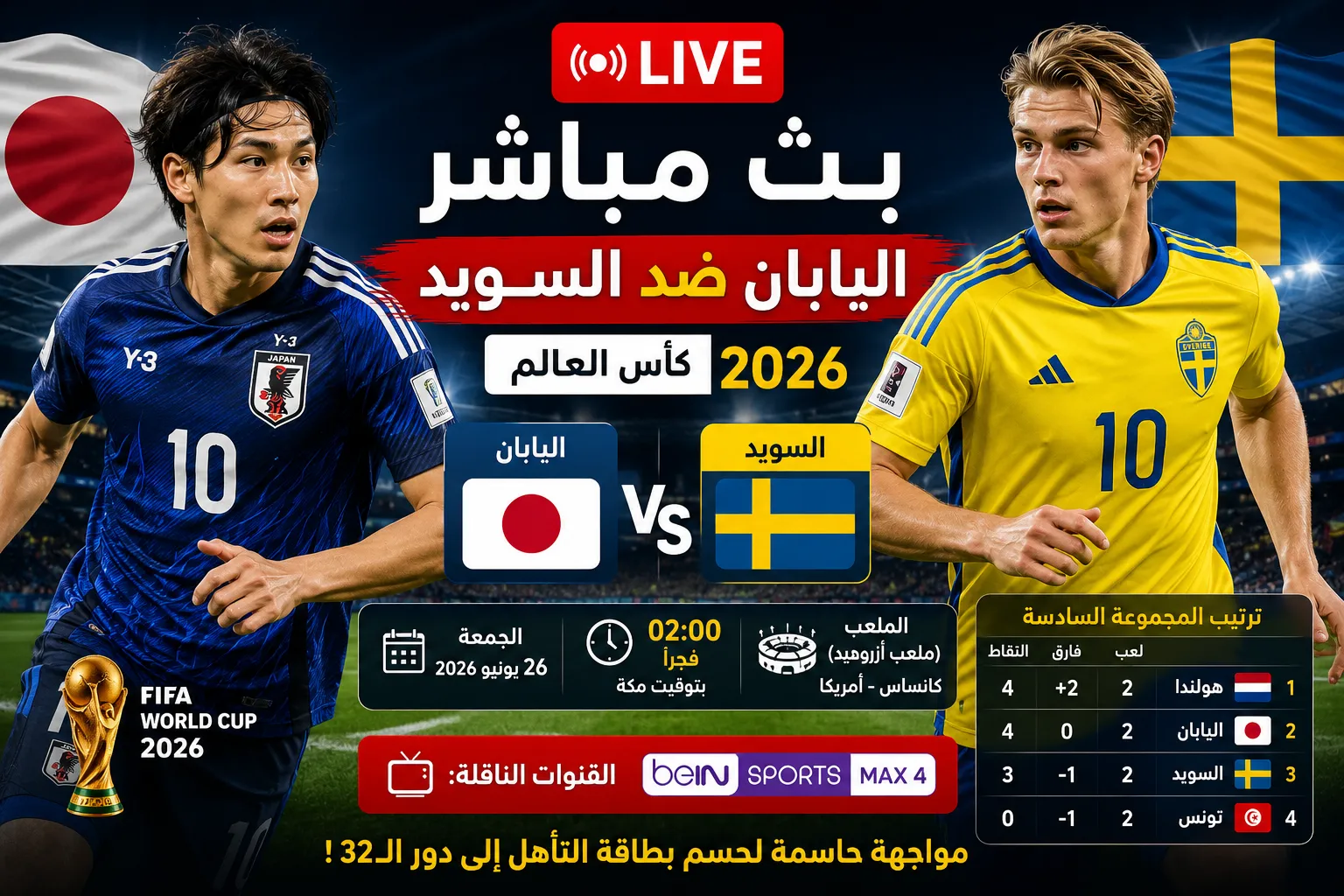 بث مباشر مباراة اليابان ضد السويد اليوم في كأس العالم 2026.. الموعد الرسمي والقنوات الناقلة وترتيب المجموعة وفرصة التأهل إلى دور الـ32