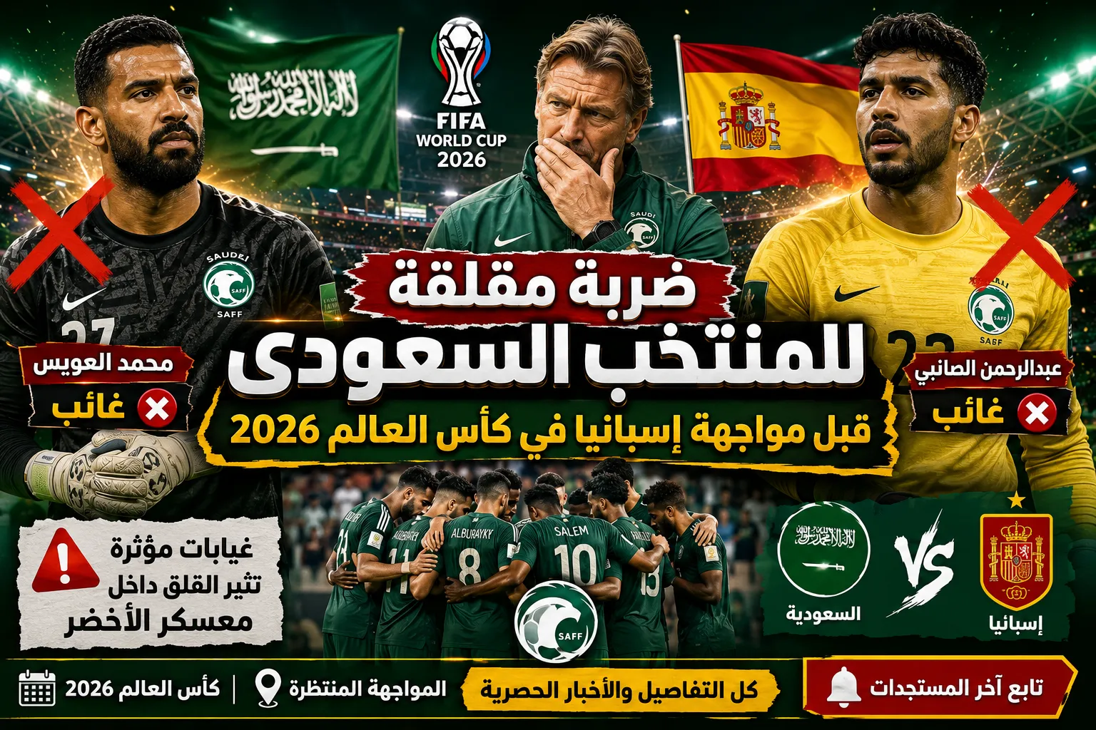 ضربة مقلقة للمنتخب السعودي قبل مواجهة إسبانيا في كأس العالم 2026.. غياب محمد العويس وعبدالرحمن الصانبي يثير القلق داخل معسكر الأخضر