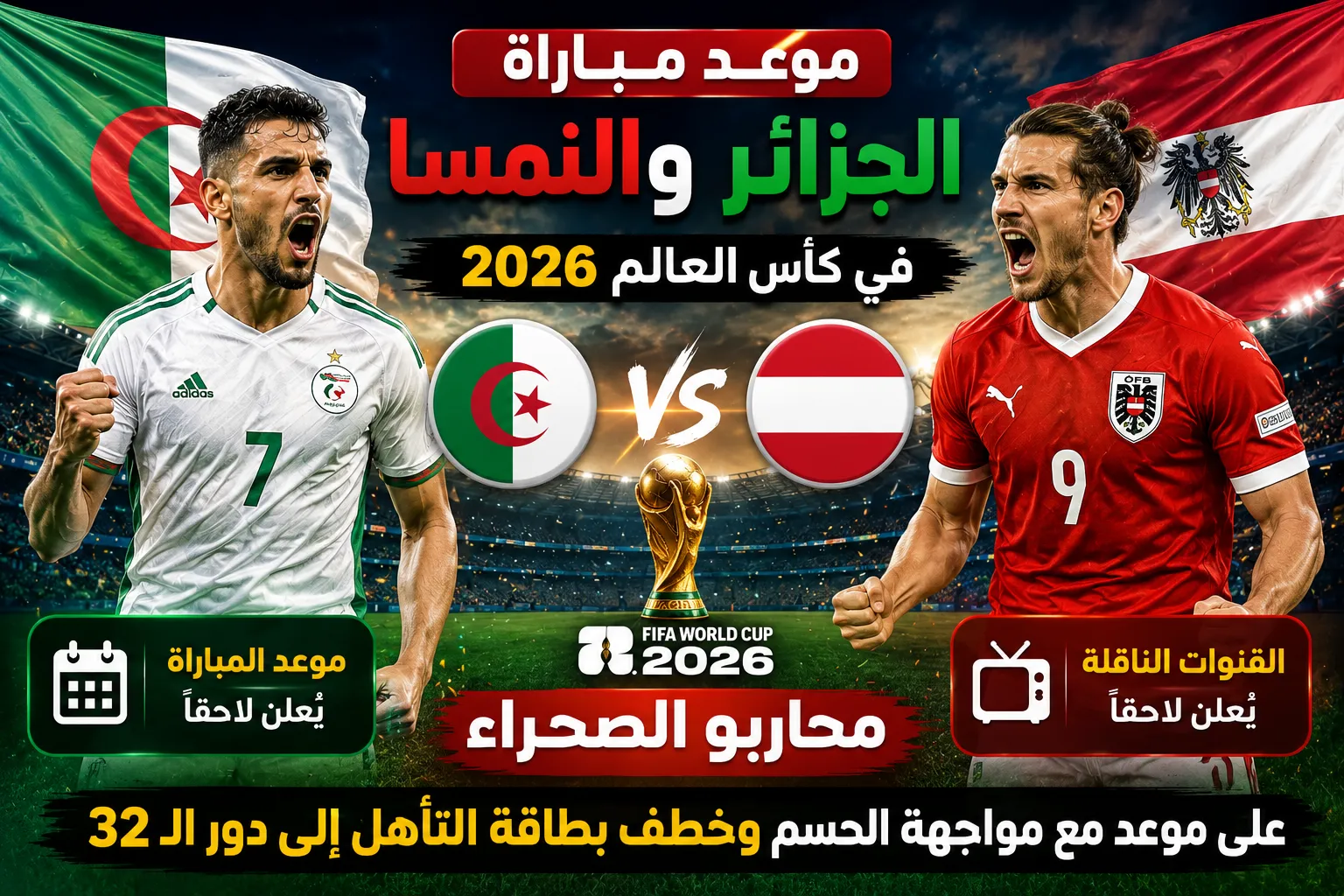موعد مباراة الجزائر والنمسا في كأس العالم 2026 والقنوات الناقلة.. محاربو الصحراء على موعد مع مواجهة الحسم وخطف بطاقة التأهل إلى دور الـ32