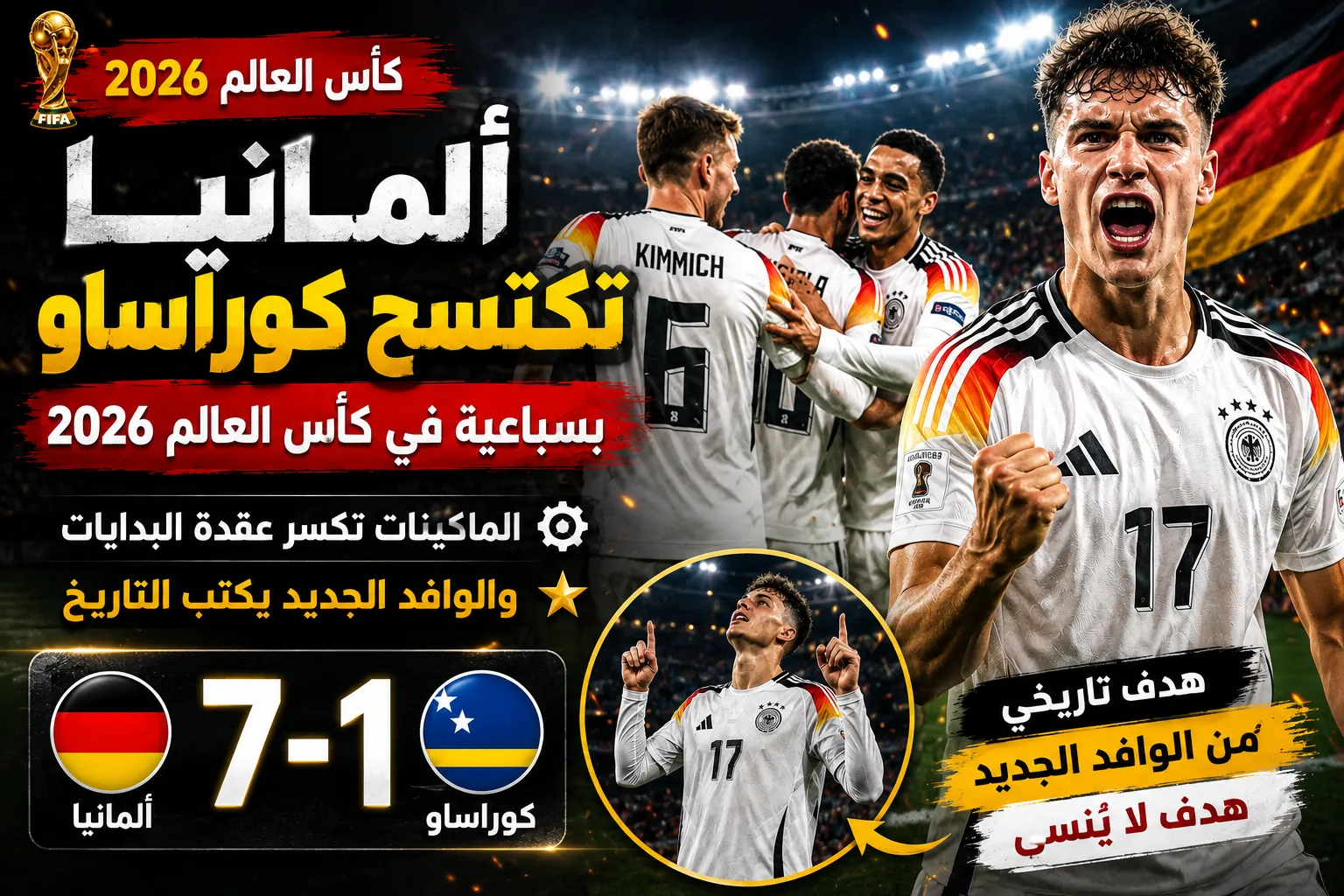ألمانيا تكتسح كوراساو بسباعية في كأس العالم 2026.. الماكينات تكسر عقدة البدايات والوافد الجديد يكتب التاريخ بهدف لا يُنسى