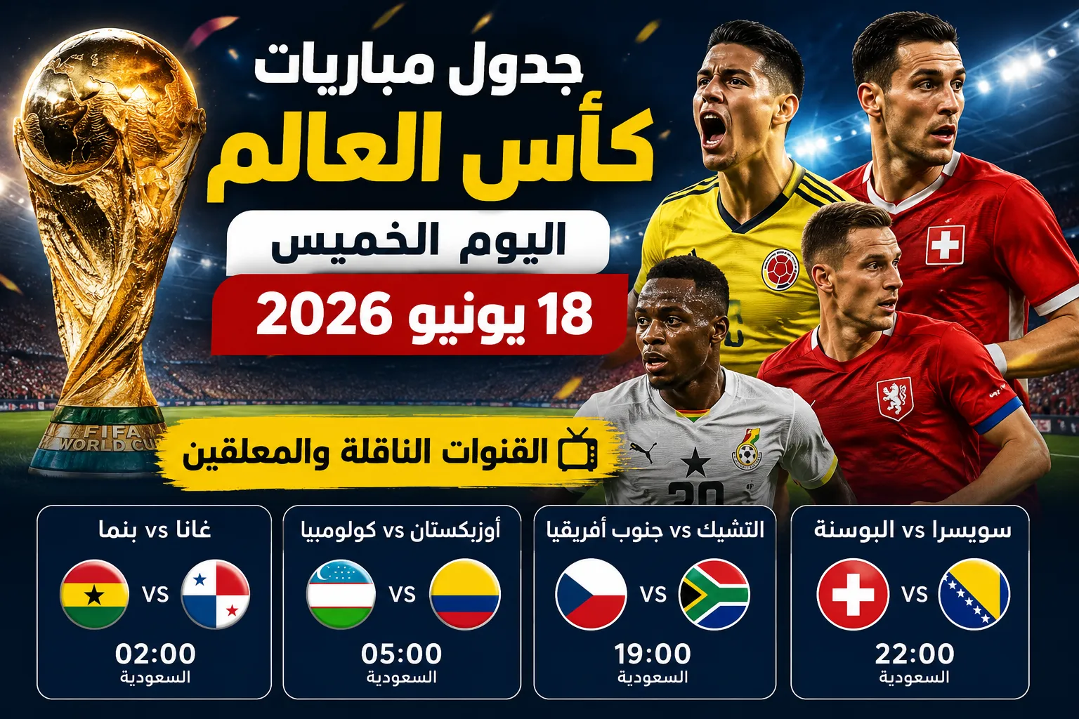 جدول مباريات كأس العالم اليوم الخميس 18 يونيو 2026 والقنوات الناقلة.. مواجهات قوية تنتظر الجماهير ومواعيد أبرز مباريات المونديال