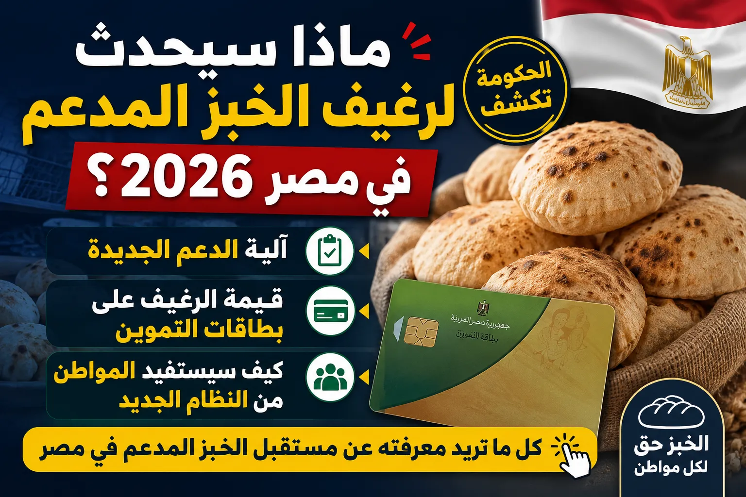 ماذا سيحدث لرغيف الخبز المدعم في مصر 2026؟ الحكومة تكشف آلية الدعم الجديدة وقيمة الرغيف على بطاقات التموين وكيف سيستفيد المواطن من النظام الجديد