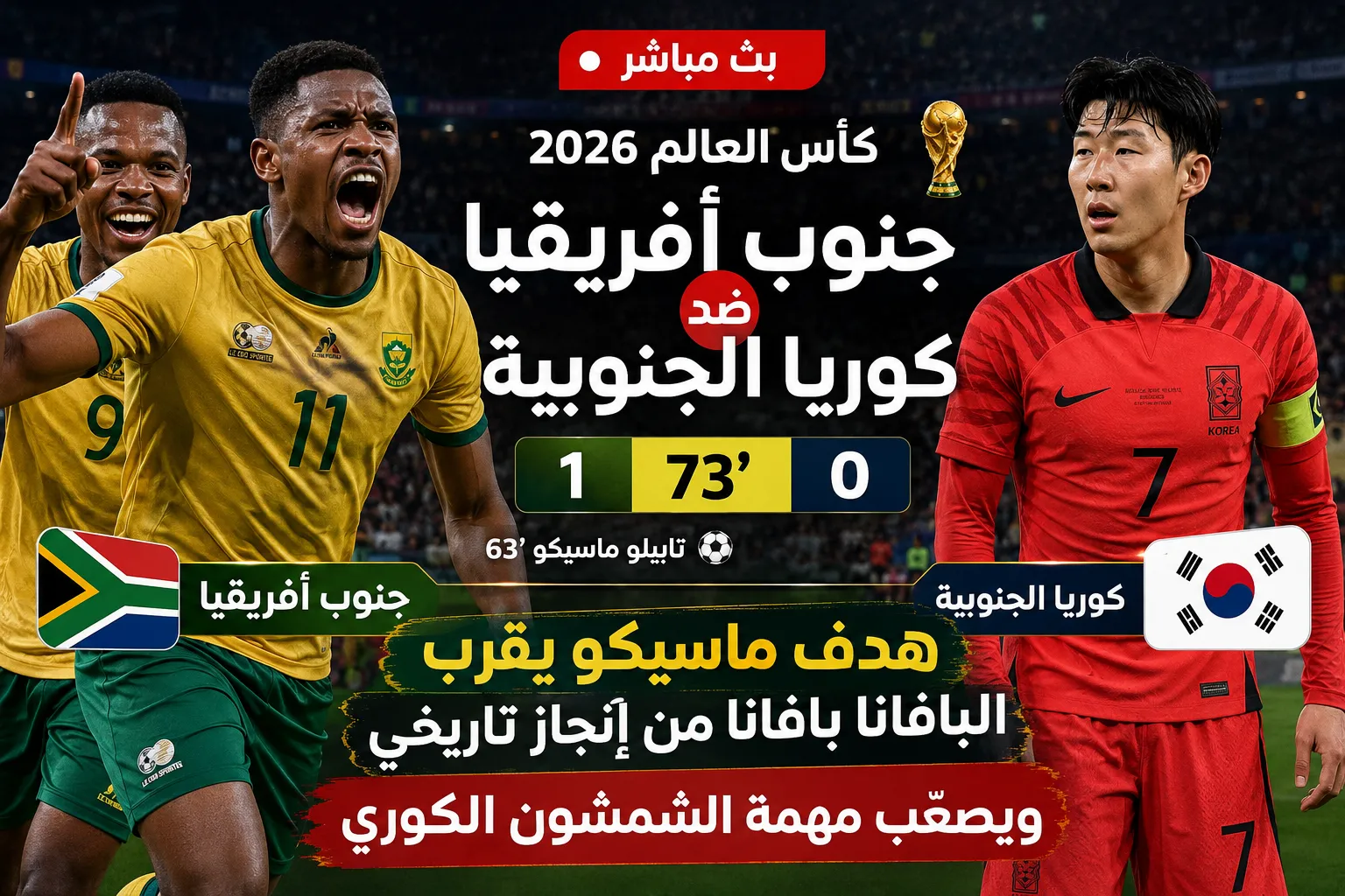 بث مباشر جنوب أفريقيا ضد كوريا الجنوبية الآن في كأس العالم 2026.. هدف ماسيكو يقرب البافانا بافانا من إنجاز تاريخي ويصعّب مهمة الشمشون الكوري