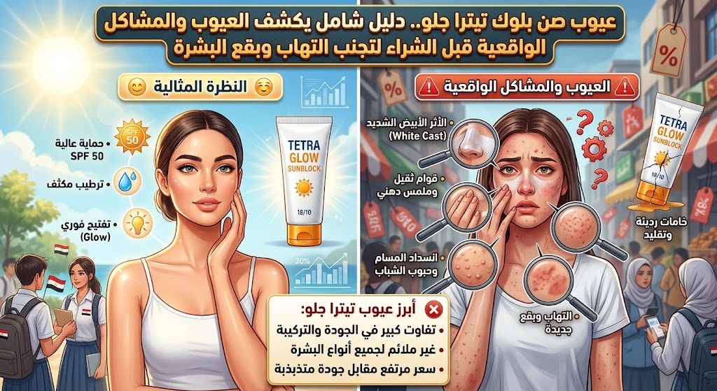عيوب صن بلوك تيترا جلو.. دليل شامل يكشف العيوب والمشاكل الواقعية قبل الشراء لتجنب التهاب وبقع البشرة