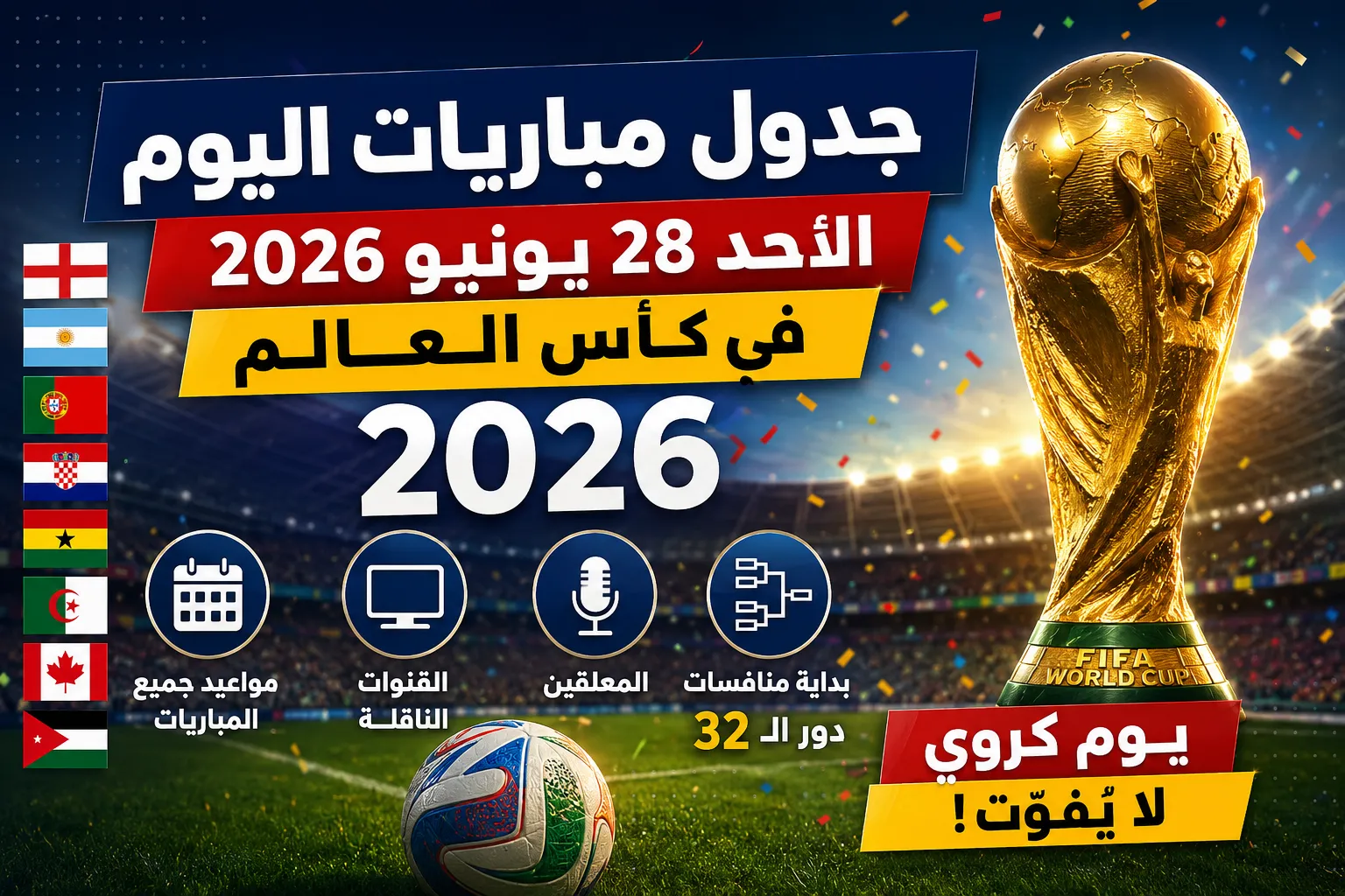 جدول مباريات اليوم الأحد 28 يونيو 2026 في كأس العالم.. مواعيد جميع المباريات والقنوات الناقلة والمعلقين وبداية منافسات دور الـ32
