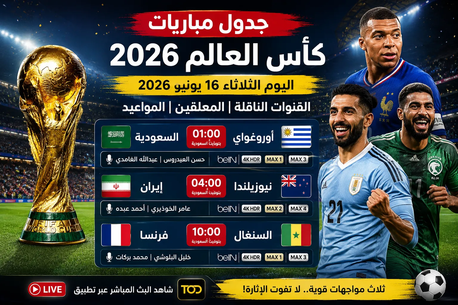 جدول مباريات كأس العالم اليوم الثلاثاء 16 يونيو 2026 والقنوات الناقلة وأسماء المعلقين ومواعيد أقوى المواجهات المنتظرة في الجولة الأولى