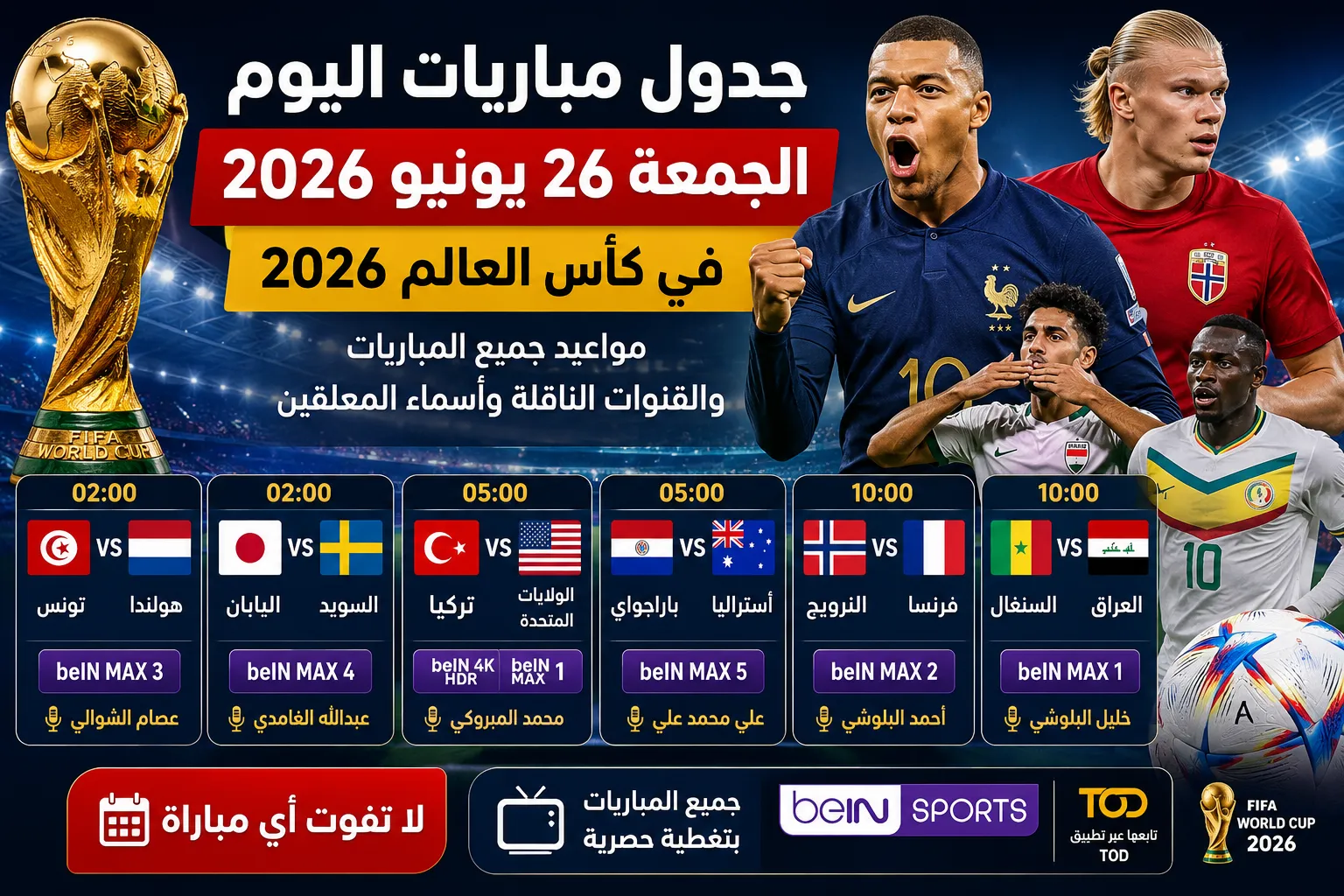 جدول مباريات اليوم الجمعة 26 يونيو 2026 في كأس العالم.. مواعيد جميع المباريات والقنوات الناقلة وأسماء المعلقين لمواجهات فرنسا والعراق وهولندا