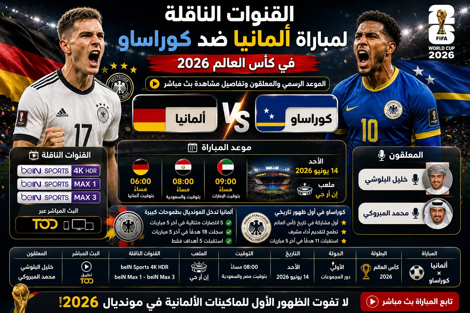 القنوات الناقلة لمباراة ألمانيا ضد كوراساو في كأس العالم 2026.. الموعد الرسمي والمعلقون وتفاصيل مشاهدة بث مباشر اللقاء الافتتاحي للماكينات الألمانية
