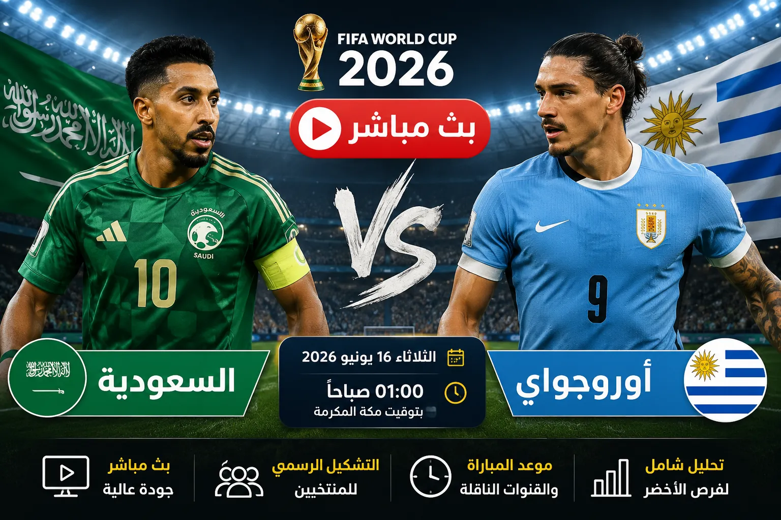 بث مباشر مباراة السعودية وأوروجواي في كأس العالم 2026 والتشكيل الرسمي وموعد انطلاق اللقاء وتحليل شامل لفرص الأخضر في مواجهة عملاق أمريكا الجنوبية