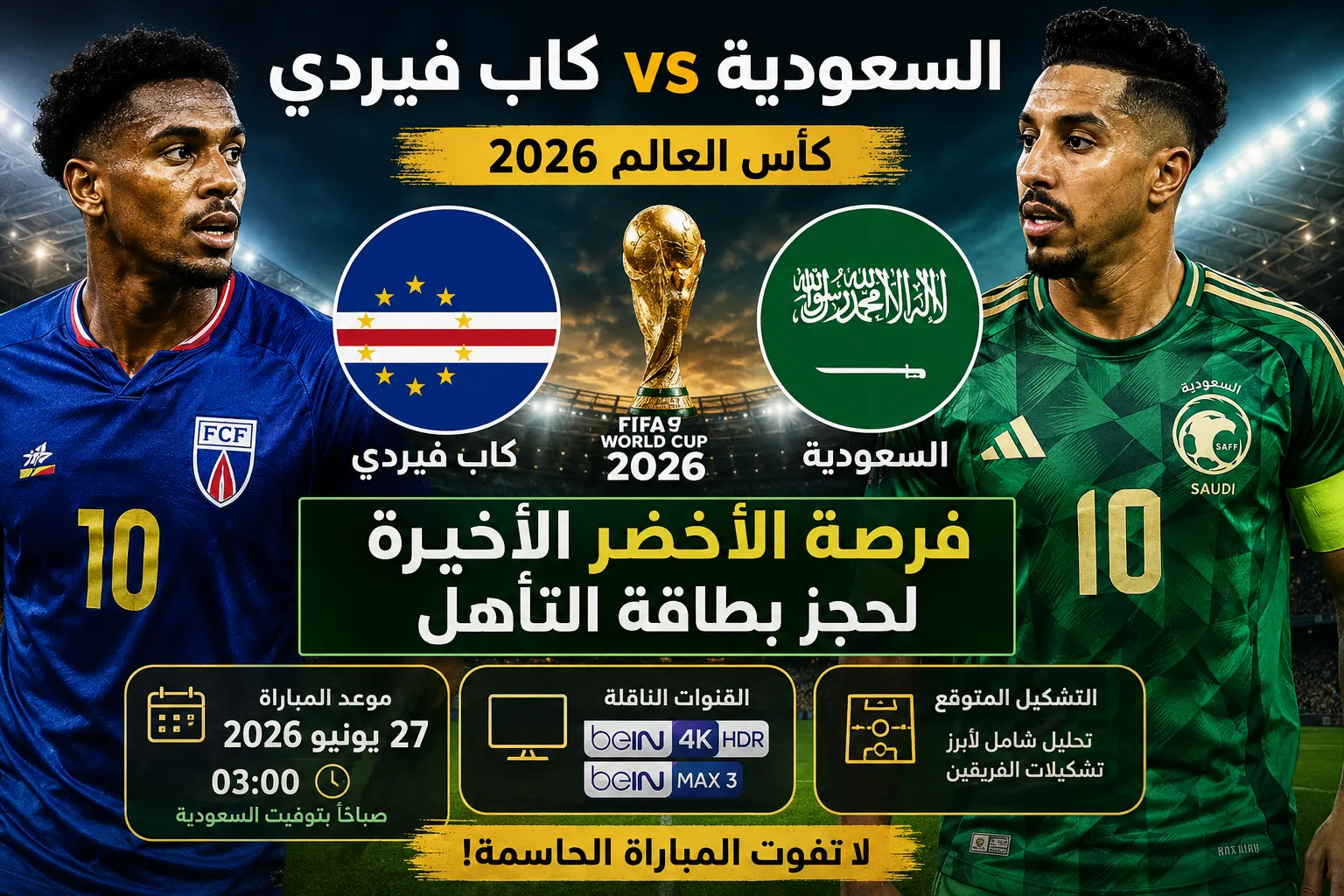 موعد مباراة السعودية وكاب فيردي في كأس العالم 2026 والقنوات الناقلة والتشكيل المتوقع.. فرصة الأخضر الأخيرة لحجز بطاقة التأهل إلى الدور المقبل