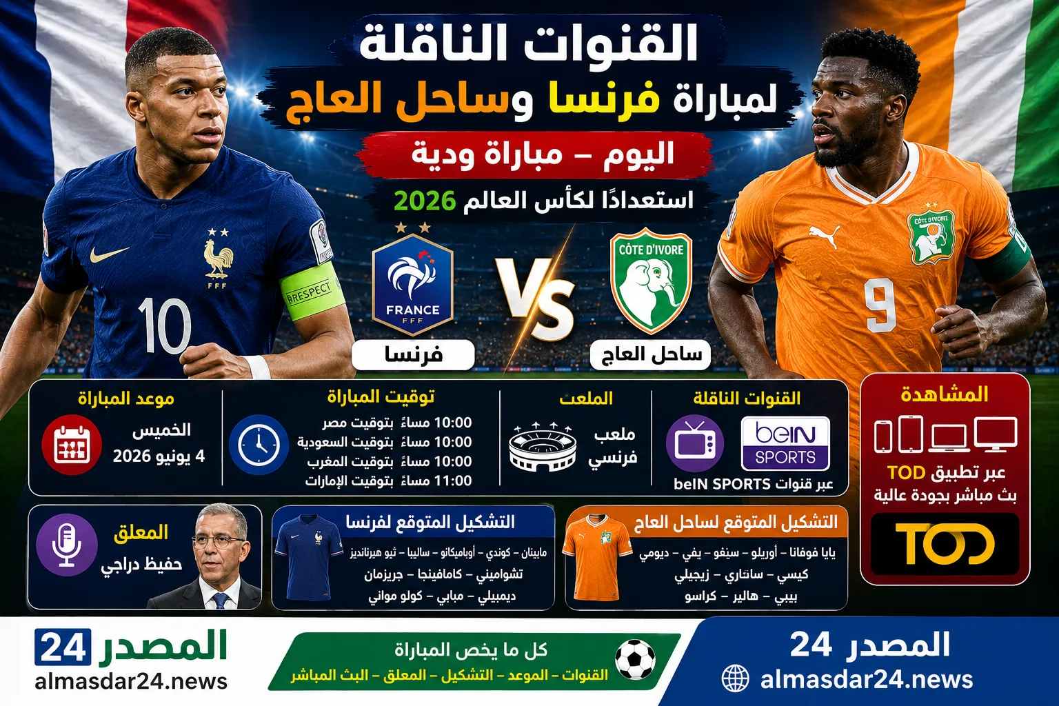 القنوات الناقلة لمباراة فرنسا وساحل العاج اليوم وموعد المواجهة الودية استعدادًا لكأس العالم 2026.. التشكيل المتوقع والمعلق وطريقة المشاهدة بث مباشر