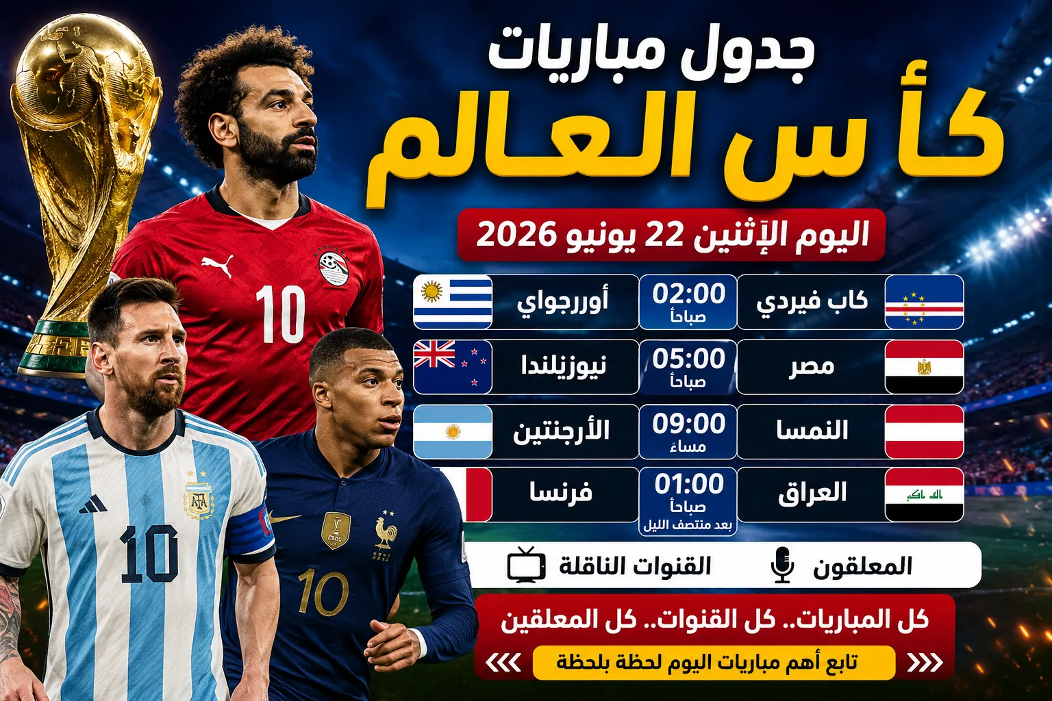 جدول مباريات كأس العالم اليوم الإثنين 22 يونيو 2026 والقنوات الناقلة والمعلقون.. مصر تواجه نيوزيلندا والأرجنتين في اختبار قوي أمام النمسا