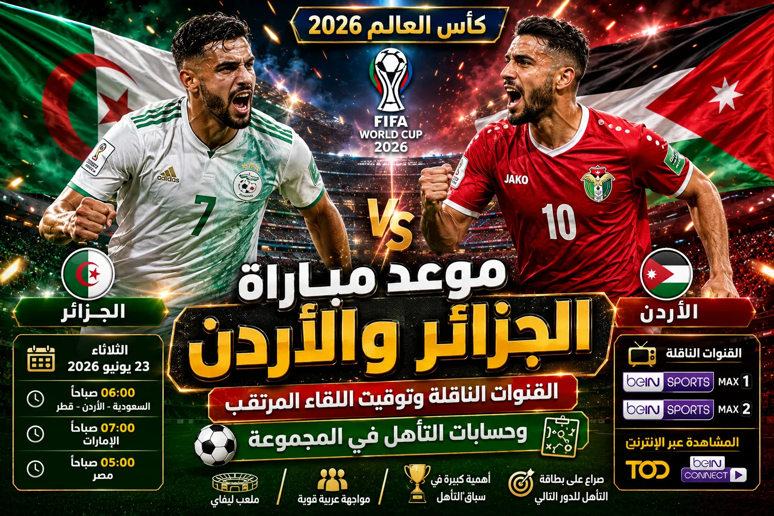 موعد مباراة الجزائر والأردن في كأس العالم 2026.. القنوات الناقلة وتوقيت اللقاء المرتقب وحسابات التأهل في المجموعة
