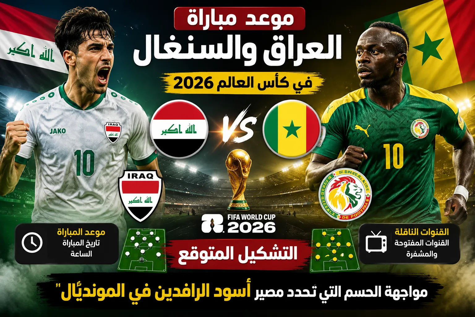 موعد مباراة العراق والسنغال في كأس العالم 2026 والقنوات الناقلة والتشكيل المتوقع.. مواجهة الحسم التي تحدد مصير أسود الرافدين في المونديال