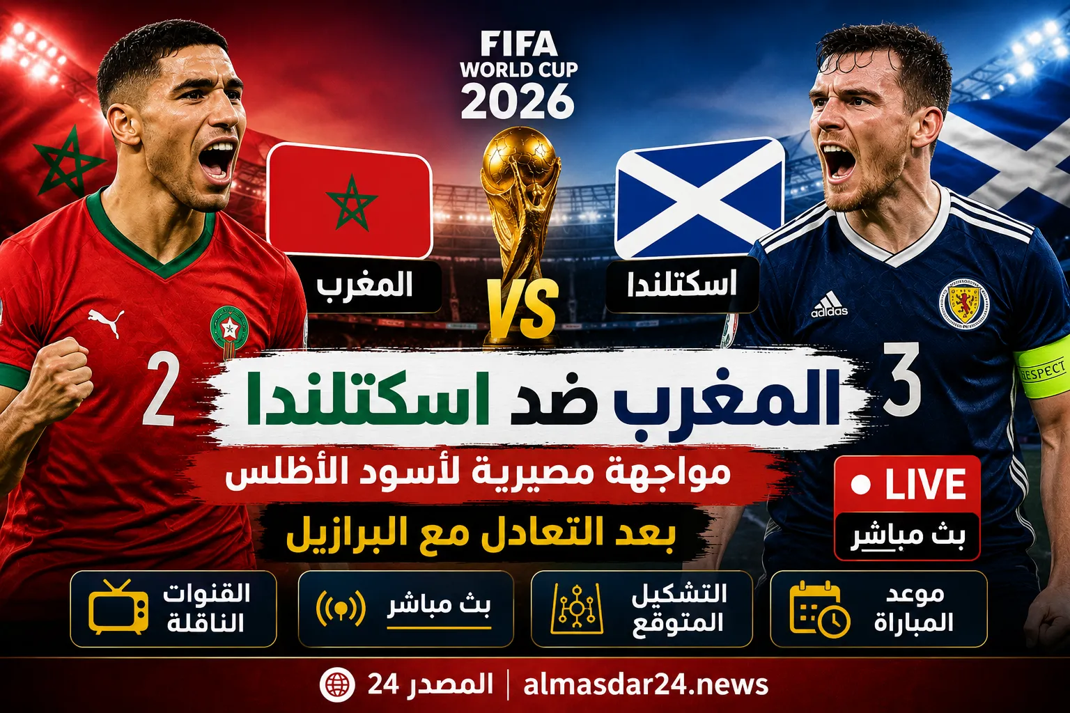 موعد مباراة المغرب ضد اسكتلندا في كأس العالم 2026 كيفية المشاهدة بث مباشر والقنوات الناقلة والتشكيل المتوقع.. مواجهة مصيرية لأسود الأطلس بعد التعادل مع البرازيل