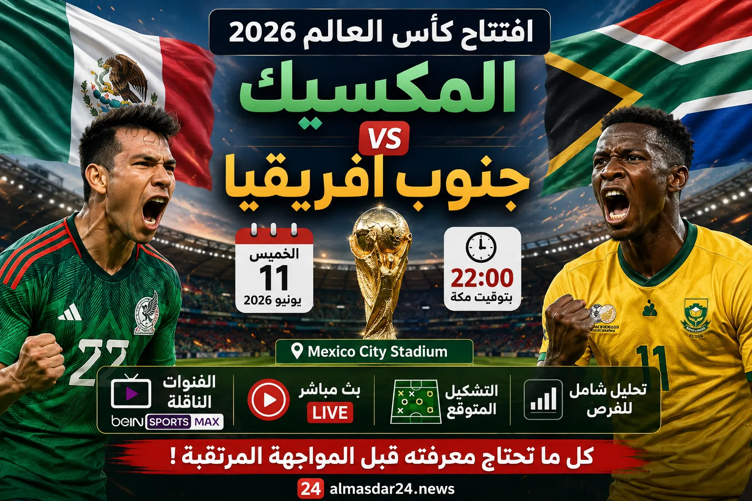 موعد مباراة المكسيك وجنوب أفريقيا في افتتاح كأس العالم 2026.. كيفية المشاهدة بث مباشر والقنوات الناقلة والتشكيل المتوقع وتحليل شامل لفرص المنتخبين قبل المواجهة المرتقبة