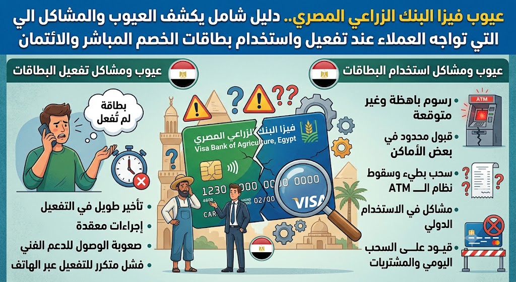 عيوب فيزا البنك الزراعي المصري.. دليل شامل يكشف العيوب والمشاكل التي تواجه العملاء عند تفعيل واستخدام بطاقات الخصم المباشر والائتمان