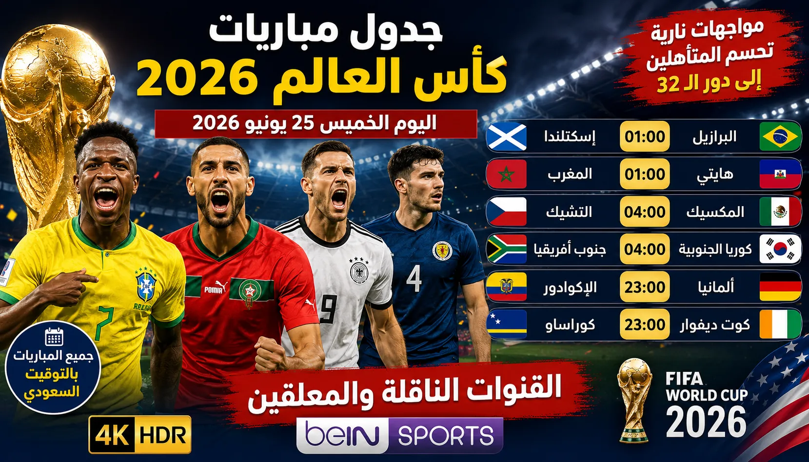 جدول مباريات كأس العالم اليوم الخميس 25 يونيو 2026 والقنوات الناقلة والمعلقين.. مواجهات نارية تحسم المتأهلين إلى دور الـ32
