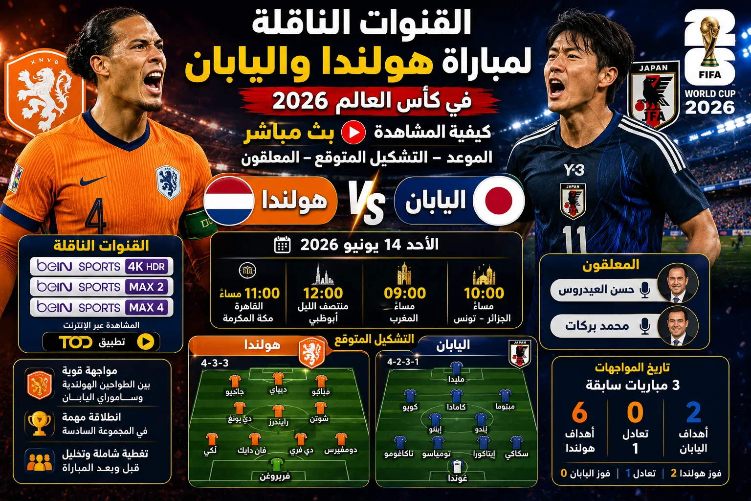 القنوات الناقلة لمباراة هولندا واليابان في كأس العالم 2026 كيفية المشاهدة بث مباشر.. الموعد والتشكيل المتوقع والمعلقون