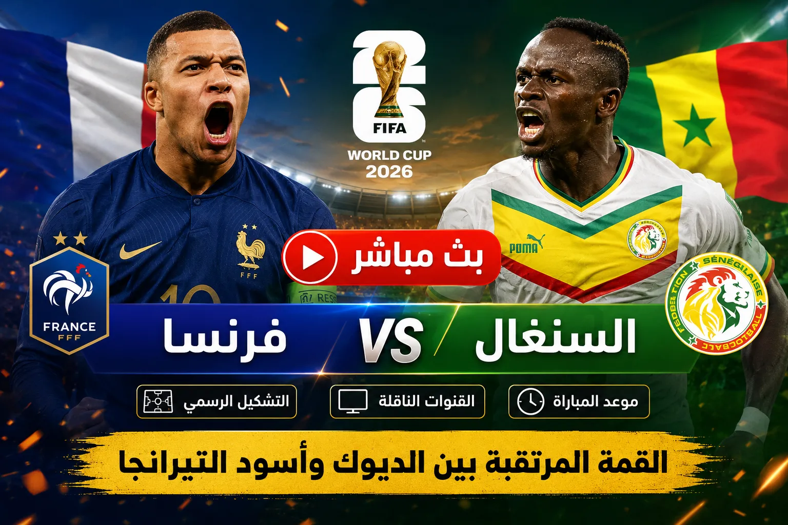 بث مباشر مباراة فرنسا والسنغال في كأس العالم 2026.. التشكيل الرسمي والقنوات الناقلة وموعد انطلاق القمة المرتقبة بين الديوك وأسود التيرانجا
