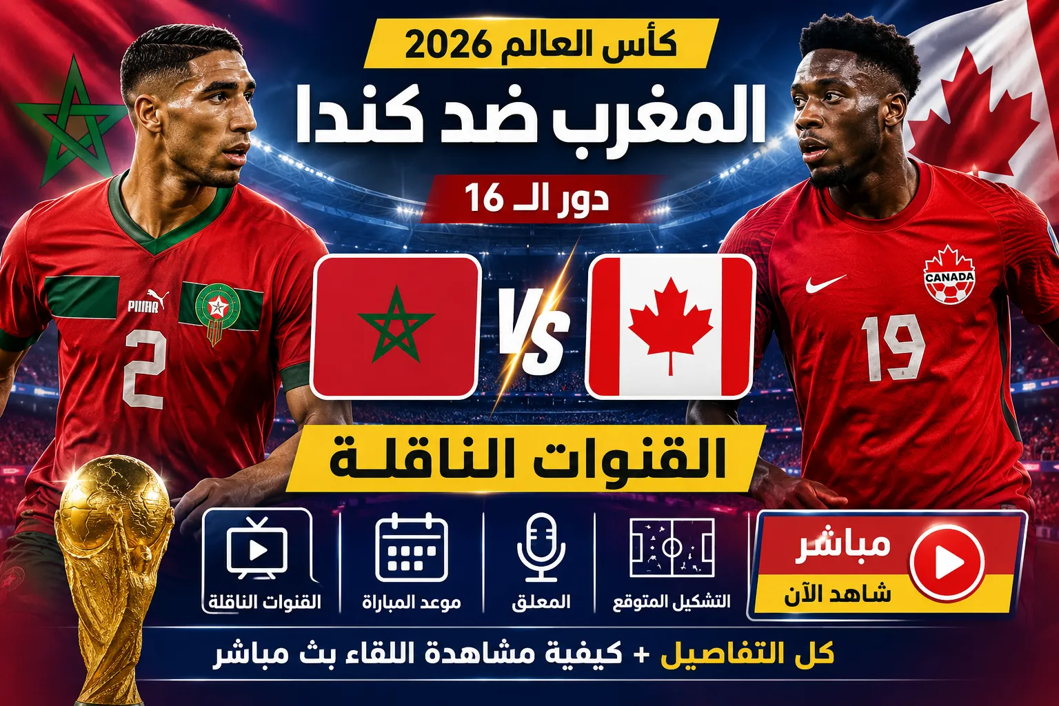 القنوات الناقلة لمباراة المغرب ضد كندا اليوم في كأس العالم 2026.. الموعد الرسمي والمعلق والتشكيل المتوقع وكيفية مشاهدة اللقاء بث مباشر
