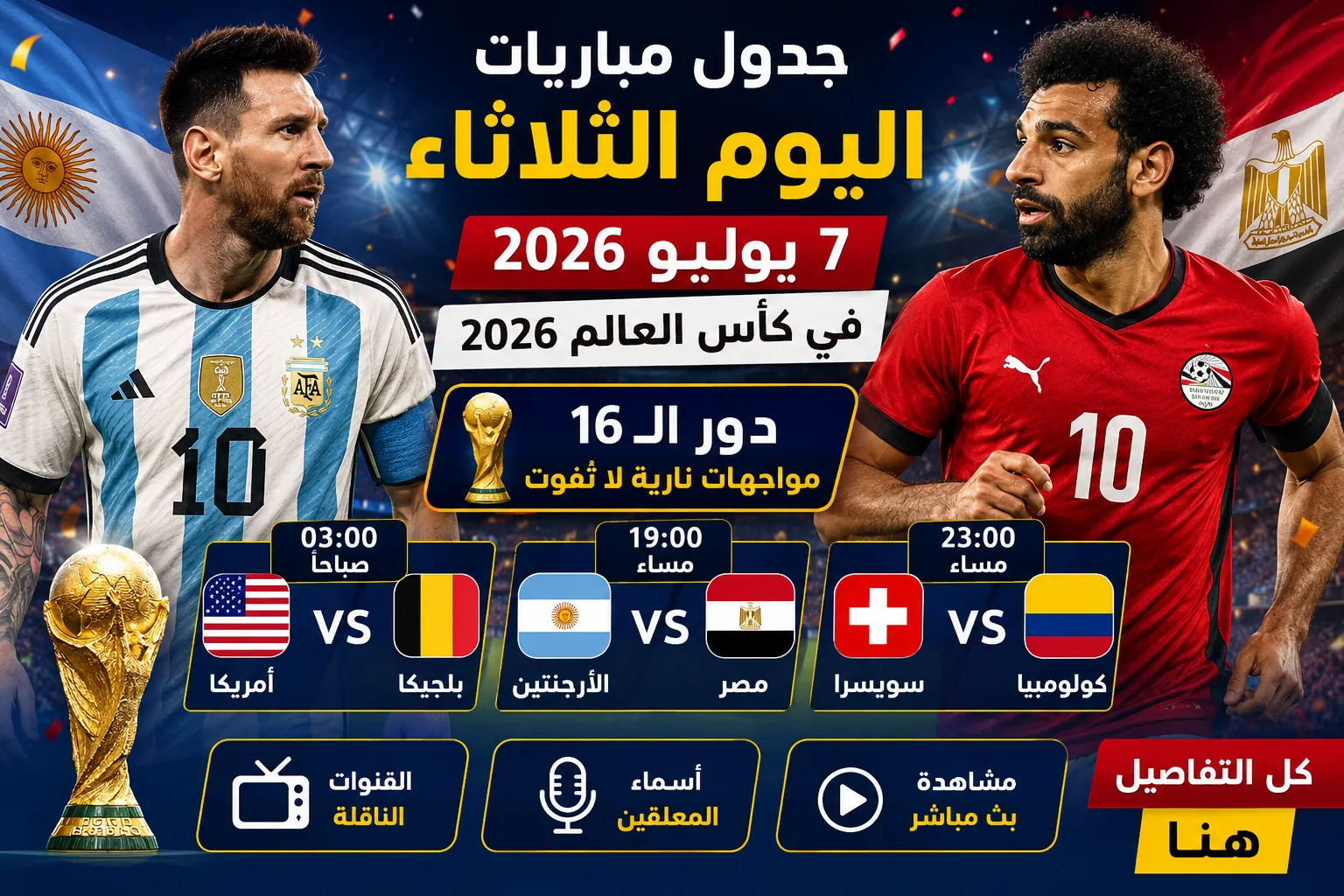 جدول مباريات اليوم الثلاثاء 7 يوليو 2026 في كأس العالم.. مواعيد مباريات دور الـ16 والقنوات الناقلة وأسماء المعلقين وكيف تشاهد بث مباشر مباراة مصر والأرجنتين