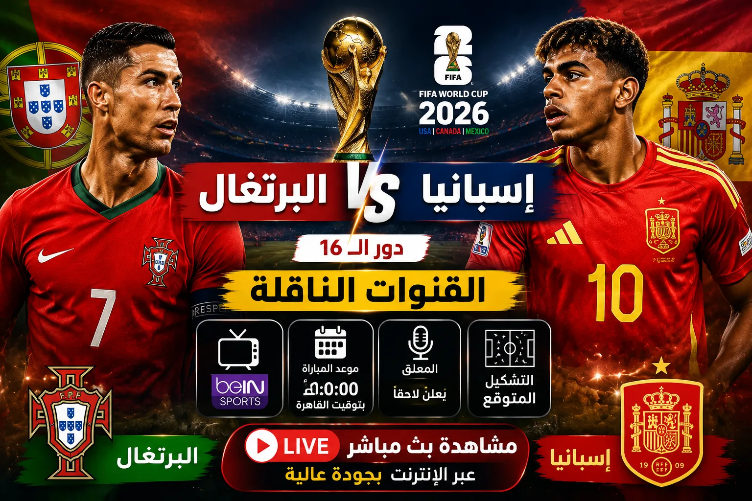 القنوات الناقلة لمباراة البرتغال ضد إسبانيا اليوم في كأس العالم 2026.. الموعد الرسمي والمعلق والتشكيل المتوقع وكيفية مشاهدة اللقاء بث مباشر