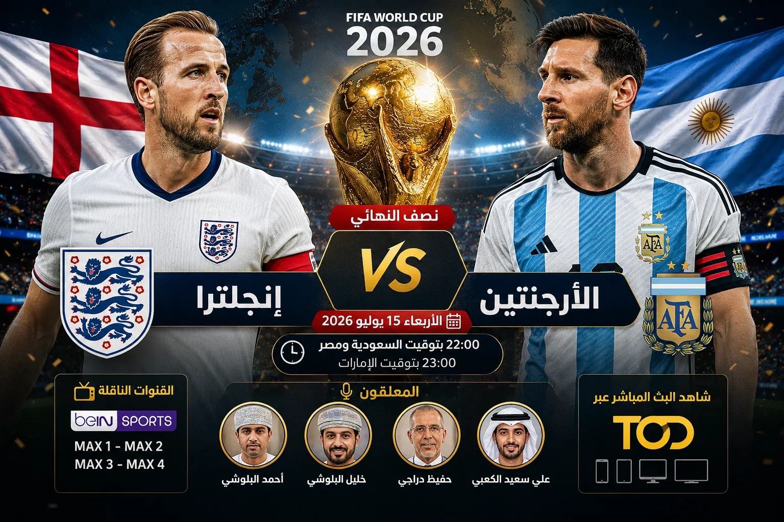جدول مباريات اليوم الأربعاء 15 يوليو 2026 في كأس العالم 2026.. موعد مباراة إنجلترا والأرجنتين والقنوات الناقلة وأسماء المعلقين وكيفية مشاهدة البث المباشر