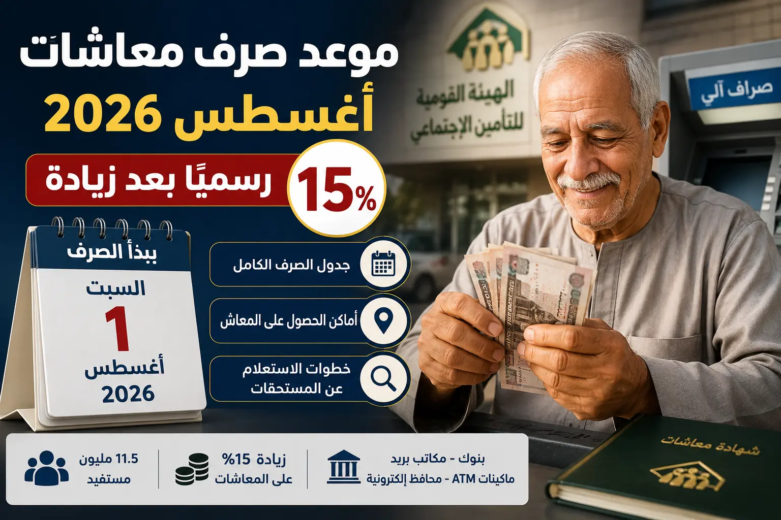 موعد صرف معاشات أغسطس 2026 رسميًا بعد زيادة 15%.. جدول الصرف الكامل وأماكن الحصول على المعاش وخطوات الاستعلام عن المستحقات