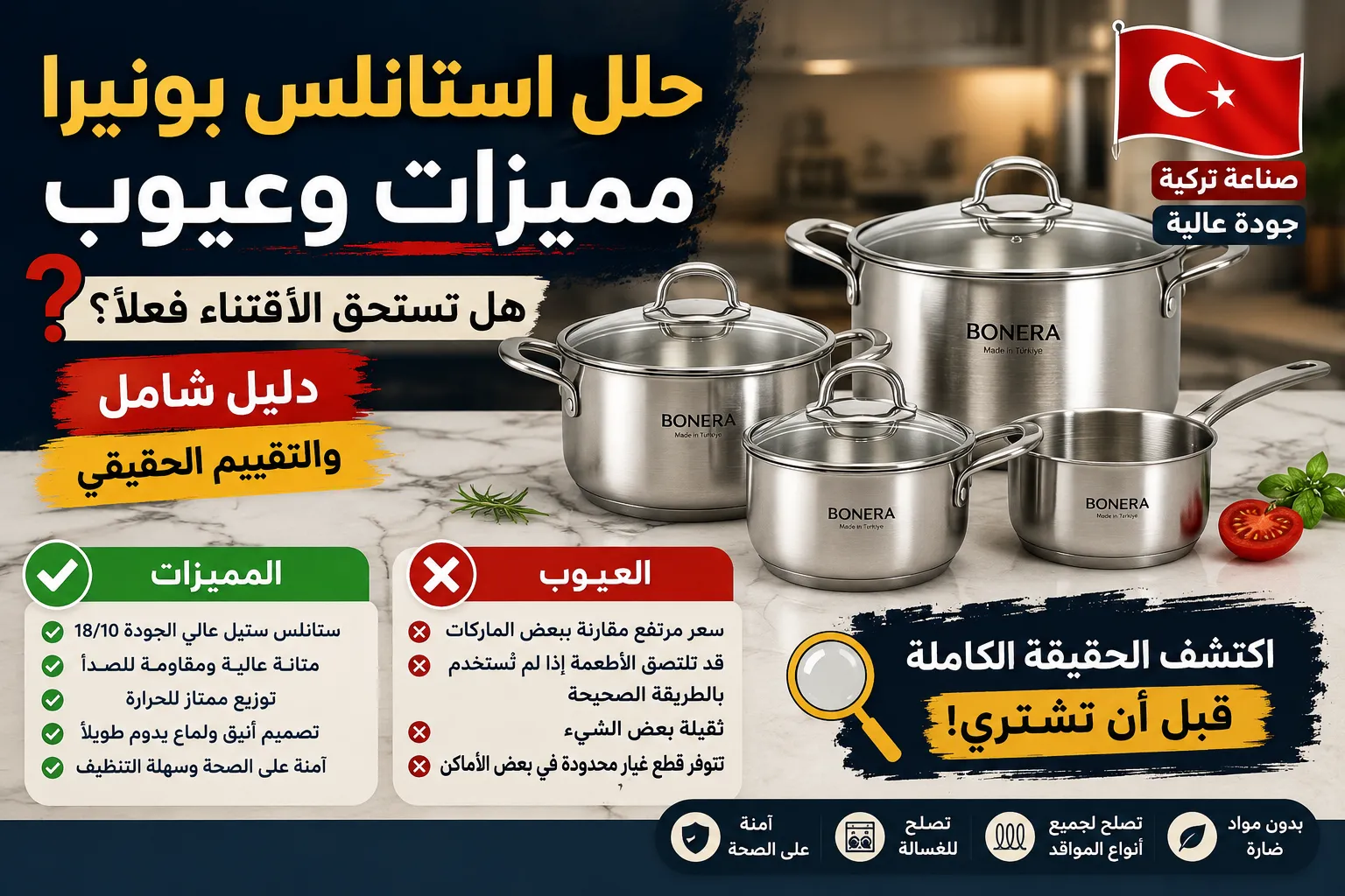 مميزات وعيوب حلل استانلس بونيرا.. هل تستحق حلل استانلس بونيرا التركي اقتناءها أم أن بها عيوباً خفية؟ (دليل شامل والتقييم الحقيقي)