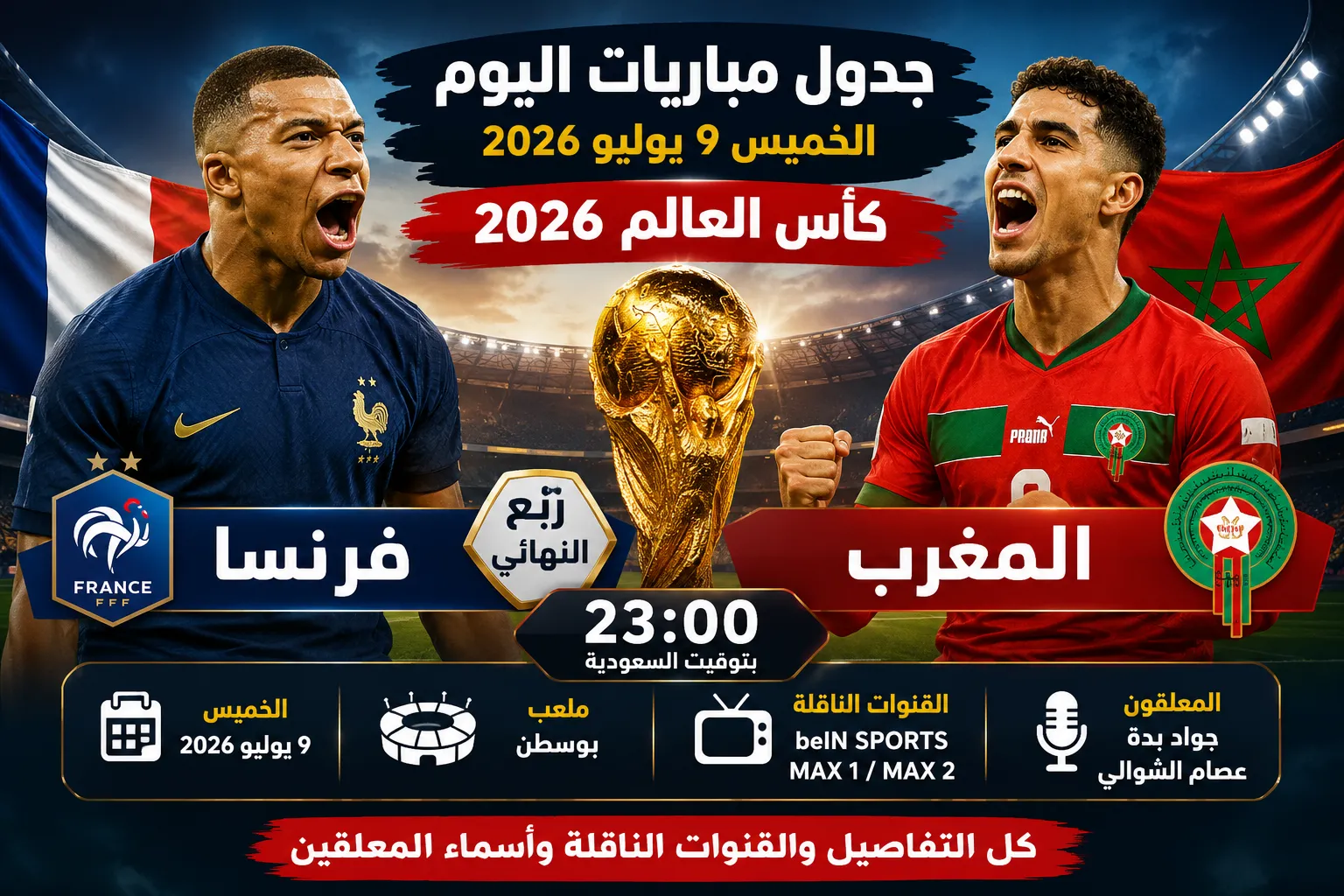 جدول مباريات اليوم الخميس 9 يوليو 2026 في كأس العالم.. موعد مباراة المغرب وفرنسا في ربع النهائي والقنوات الناقلة وأسماء المعلقين