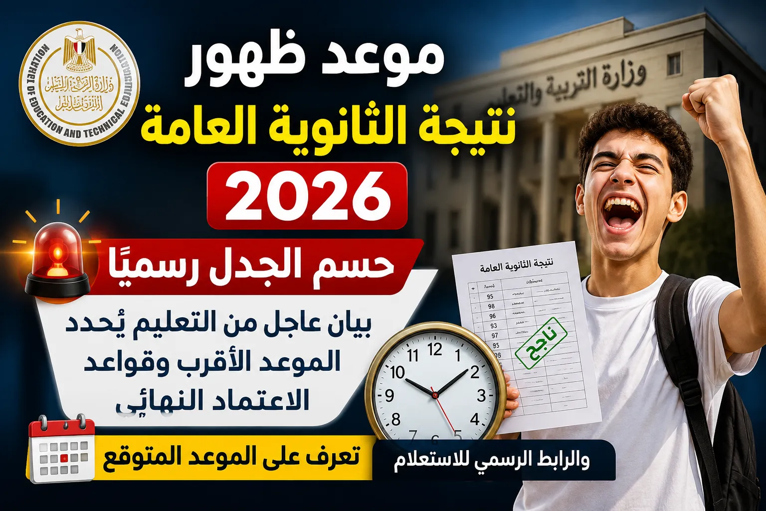 موعد ظهور نتيجة الثانوية العامة 2026 حسم الجدل رسميًا.. بيان عاجل من التعليم يُحدد الموعد الأقرب وقواعد الاعتماد النهائي