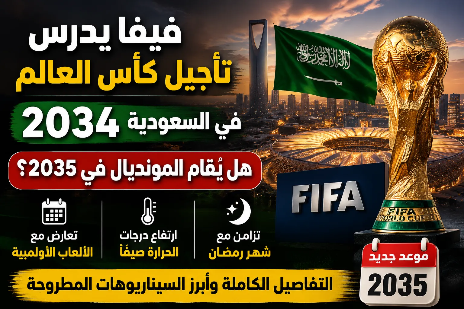 فيفا يدرس تأجيل كأس العالم 2034 في السعودية.. هل يُقام المونديال في 2035؟ تقارير تكشف الأسباب الكاملة وأبرز السيناريوهات المطروحة