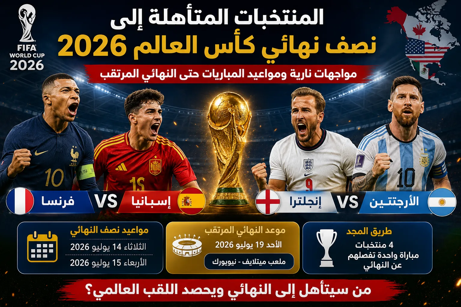 المنتخبات المتأهلة إلى نصف نهائي كأس العالم 2026 رسميًا.. مواجهات نارية ومواعيد المباريات حتى النهائي المرتقب
